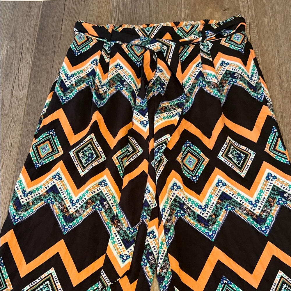 My Michelle Chevron Wide Leg Pants in Black, Orange, Teal & White